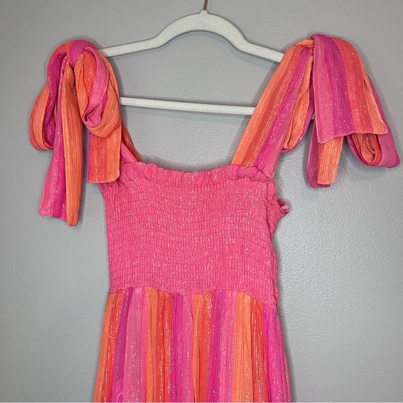 Sundress Melina Metallic Stripe Smocked Babydoll Midi Dress Marbella Pink Orange - Picture 4 of 9